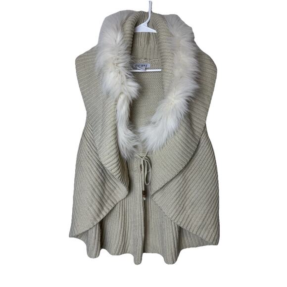 Sisters Sweater Vest Womens XL Faux Fur Trim Ruffle Waterfall Tan White Cream - Picture 2 of 7